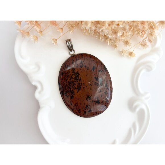 Mahogany Obsidian Oval Crystal Shaped Large Silver Toned Vintage Pendant - Picture 2 of 12